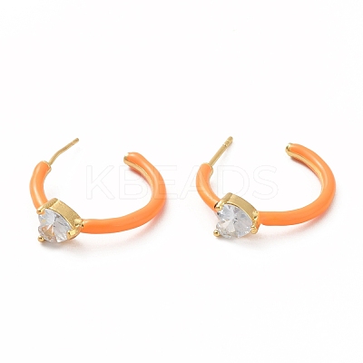 Clear Cubic Zirconia Heart Stud Earrings with Enamel EJEW-K093-07G-1