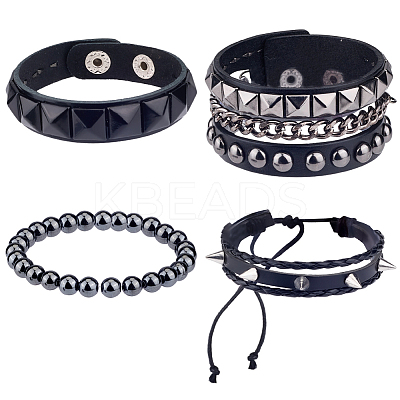 4Pcs 4 Styles Punk Style Hematite Round Beaded Stretch Bracelets & Rivets Bracelets  with Alloy Braided Bead Bracelets & Imitation Leather Bangles for Men Women BJEW-WH20002-09A-1