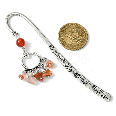 5Pcs 5 Style Ring Alloy Pendant Bookmarks with Gemstone Chip Tassels AJEW-TA00009-1