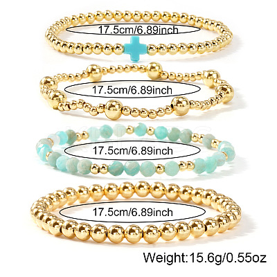 5Pcs 5 Styles Handmade Brass & Natural Amazonite & Glass Beads Stretch Bracelet Set OI0028-5-1