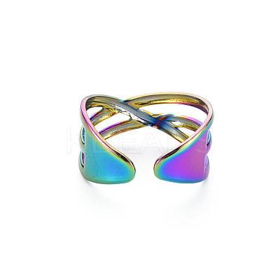 Rainbow Color 304 Stainless Steel Criss Cross Cuff Ring RJEW-N038-036M-1
