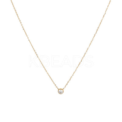 Simple Stainless Steel Pave Clear Cubic Zirconia Flat Round Pendant Necklaces for Women Daily Wear DS3684-2-1