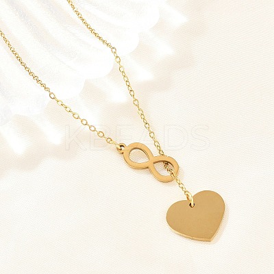Adjustable 304 Stainless Steel Infinity Heart Pendant Lariat Necklaces NJEW-H093-04G-1