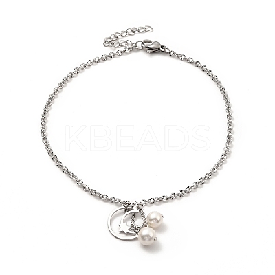 CCB Pearl & 304 Stainless Steel Charm Anklet for Women AJEW-C021-22P-1