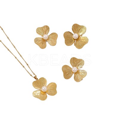 304 Stainless Steel Imitation Pearl Flower Stud Earrings & Pendant Necklaces & Rings Sets for Women WG65500-06-1