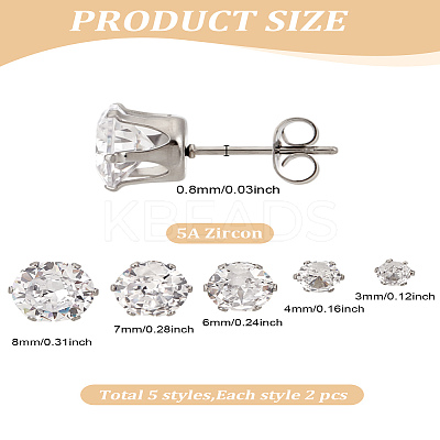 5 Pairs 5 Style 316 Surgical Stainless Steel Micro Pave Clear Cubic Zirconia Stud Earrings EJEW-LP0001-40-1