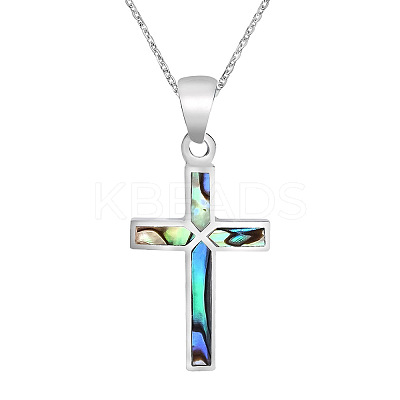 304 Stainless Steel Pave Natural Paua Shell Religion Cross Pendant Necklaces for Women FS-WG66782-01-1