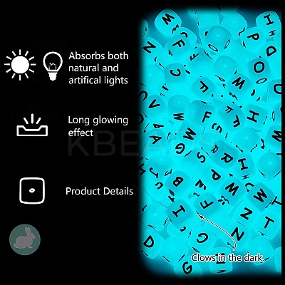 20Pcs Luminous Cube Letter Silicone Beads 12x12x12mm Square Dice Alphabet Beads with 2mm Hole Spacer Loose Letter Beads for Bracelet Necklace Jewelry Making JX437M-1