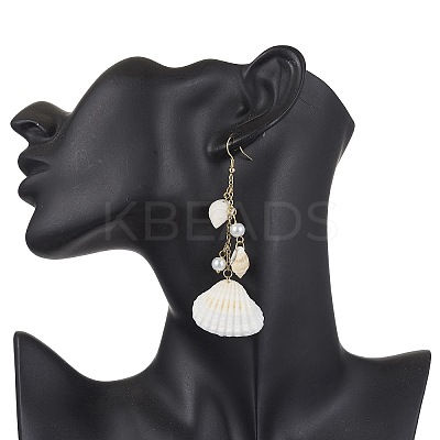 Bohemian Style Natural Shell Dangle Earrings with Glass Pearl Beads EJEW-JE05546-1