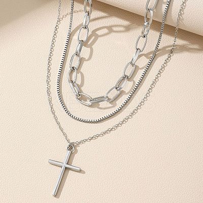 304 Stainless Steel Cross Pendant 3 Layer Necklaces for Women NJEW-F343-02P-1