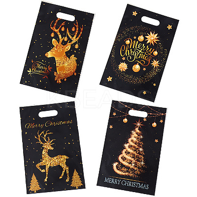 50Pcs 4 Styles Christmas Gold Deer Printed OPP Cellophane Packaging Bags with Die Hole Handles ABAG-C013-08-1