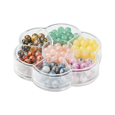 175Pcs 7 Styles Round Natural Tiger Eye & Green Aventurine & Red Jasper & Topaz Jade & Dyed Persian Jade & Blue Spot Jasper & Yellow Jade Box Sets DIY-FS0007-08-1