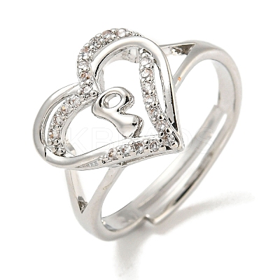 Heart with Letter Rack Plating Brass Micro Pave Clear Cubic Zirconia Adjustable Rings for Women RJEW-I105-01P-P-1