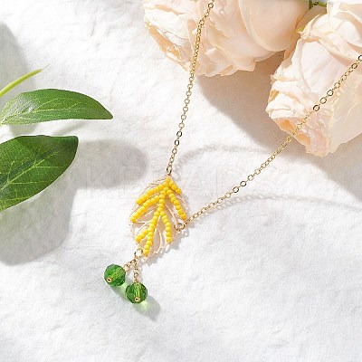 Handmade Glass Seed Beaded Leaf Shape Pendant Brass Cable Chain Necklaces for Women NJEW-MZ00127-03-1