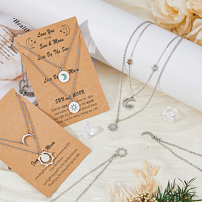 4 Sets 4 Style Sun and Moon 304 Stainless Steel Pendant Necklaces Set NJEW-FI0001-22-1
