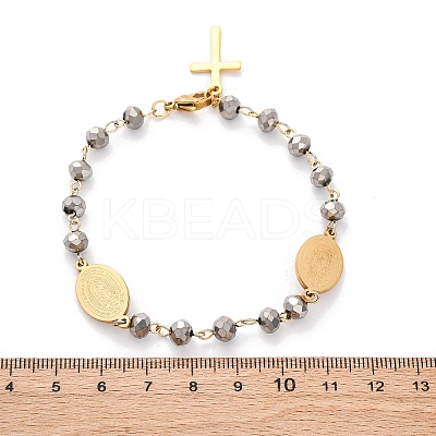 201 Stainless Steel & Electroplated Glass  Miraculous Medal Virgin Cross Charm Bracelets BJEW-B078-163G-1