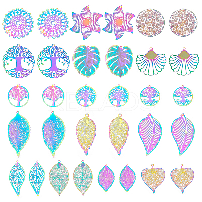 32Pcs 16 Style Ion Plating(IP) 201 Stainless Steel Filigree Pendants STAS-DC0006-64-1