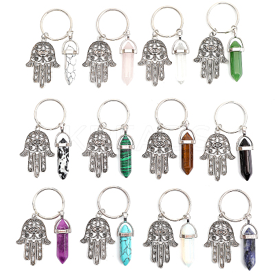 12Pcs 12 Style Bullet Gemstone & Glass Pendant Keychain with Hamsa Hand/Hand of Miriam with Eye Charm KEYC-GL0001-05-1