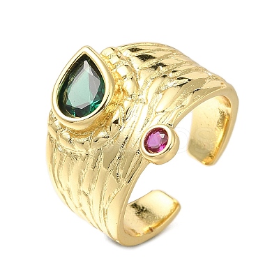 Rack Plating Brass Micro Pave Cubic Zirconia and Glass Open Cuff Rings for Women RJEW-M022-02G-1