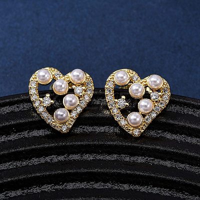 Brass Micro Pave Clear Cubic Zirconia Heart Stud Earrings EJEW-K267-39G-1