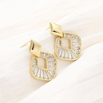 Rhombus Brass Micro Pave Clear Cubic Zirconia Dangle Stud Earrings EJEW-F373-02G-1