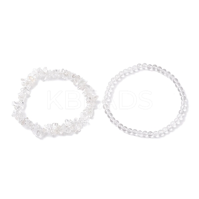 Chip & Round Natural Quartz Crystal Beaded Stretch Bracelets BJEW-JB10189-01-1