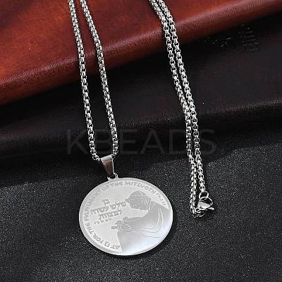 201 Stainless Steel Flat Round with Boy Pendant Box Chain Necklaces for Women Men NJEW-R013-05P-1