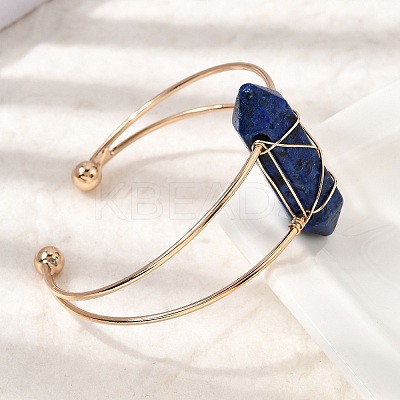 Brass Wire Wrapped Natural Lapis Lazuli Hexagon Point Cuff Bangles for Women BJEW-L719-01G-07-1