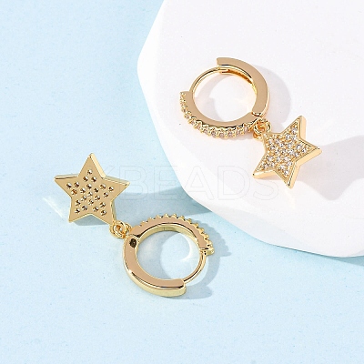 Star Brass Micro Pave Clear Cubic Zirconia Hoop Earrings EJEW-F384-04G-1