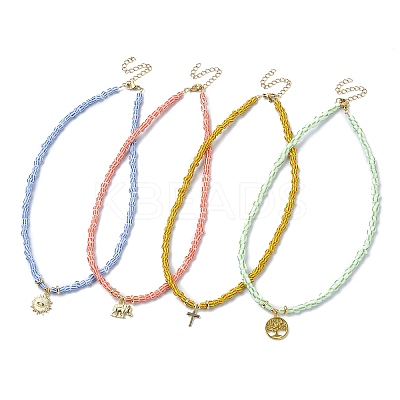 Alloy Pendant Necklace with Glass Seed Beaded Chains NJEW-JN04381-1