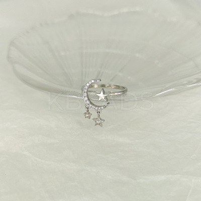 Star & Moon Rhodium Plated 925 Sterling Silver Micro Pave Clear Cubic Zirconia Cuff Rings FS-WGB6FCD-01-1