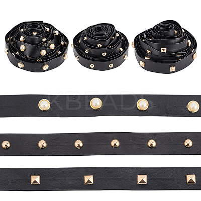 3 Styles Brass Round & Square & Imitation Pearl Stud Black PU Leather Trimmings DIY-AR0003-78-1