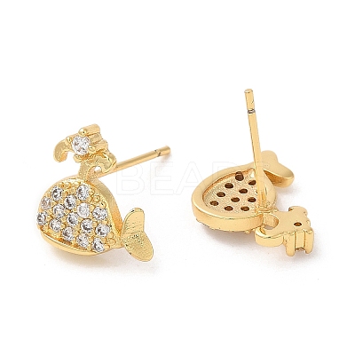 Rack Plating Brass Whale Stud Earrings with Cubic Zirconia EJEW-D061-42G-1
