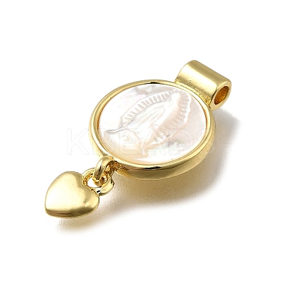 Brass Pave Natural White Shell Flat Round with Heart Pendants KK-C090-37G-1