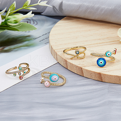 4Pcs 4 Styles Colorful Enamel Evil Eye Open Cuff Rings with Clear Cubic Zirconia RJEW-FI0001-07-1