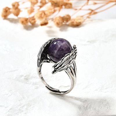 Natural Amethyst Wings Adjustable Rings RJEW-K241-04AS-08-1