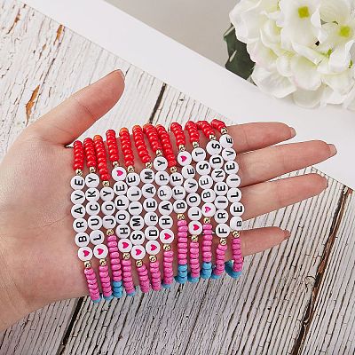 12Pcs Inspiration Word Glass Seed Stretch Bracelets Set with Heart BJEW-SZ0001-20-1
