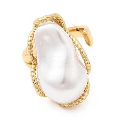 Brass ABS Imitation Pearl Cuff Open Rings for Women RJEW-B160-03G-1