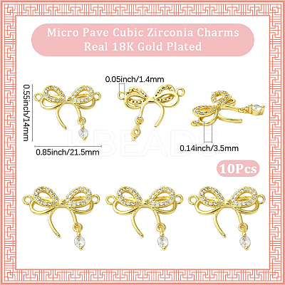 10Pcs Rack Plating Brass Pave Clear Cubic Zirconia Bowknot Connector Charms KK-SC0006-74-1