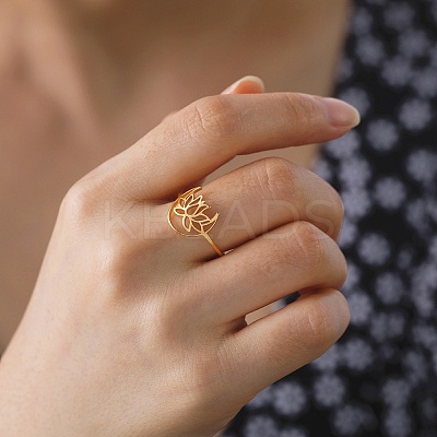 Hollow Out Lotus 304 Stainless Steel Finger Ring for Women LS-RJEW-E073-06G-1