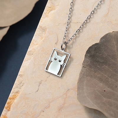 304 Stainless Steel Laser Cut Rectangle with Cat Shape Pendant Necklaces FS-WGDBF09-02-1