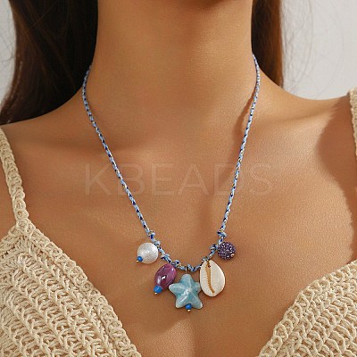 Summer Beach Porcelain Fish & Natural Cowrie Shell Pendant Cotton Cord Adjustable Necklaces FS-WG63638-02-1