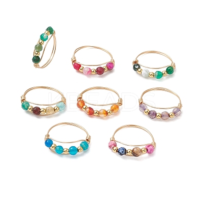 Round Natural Agate Beads Finger Rings RJEW-JR00805-1