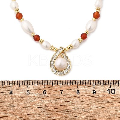 Brass Glass & Pearl Teardrop Pendant Necklaces NJEW-P325-01G-1