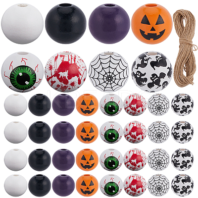 210Pcs 8 Styles Halloween Theme Printed Natural Wooden Beads WOOD-SP0001-07-1