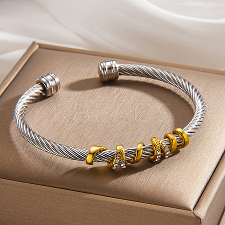 Duo Tone 304 Stainless Steel Crystal Rhinestone Open Cuff Bangles with Wrap Knot WGAAB88-03-1