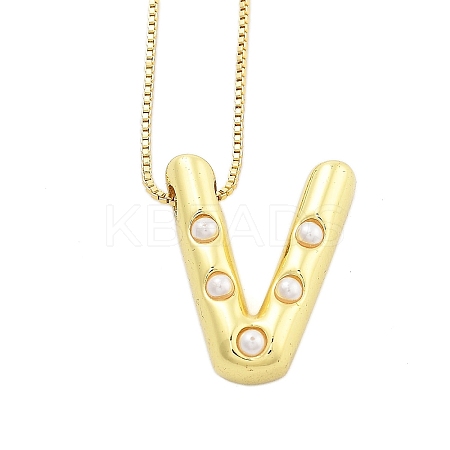 Brass & Plastic Pearl Letter Pendant Box Chain Necklaces for Women NJEW-U017-01G-22-1