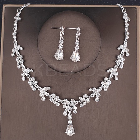 Teardrop Alloy Rhinestone Pendant Necklaces & Stud Dangle Earrings Sets FS-WGE9DA1-02-1