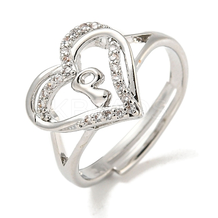 Heart with Letter Rack Plating Brass Micro Pave Clear Cubic Zirconia Adjustable Rings for Women RJEW-I105-01P-P-1