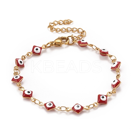 Enamel Rhombus with Evil Eye Link Chains Bracelet BJEW-P271-03G-01-1